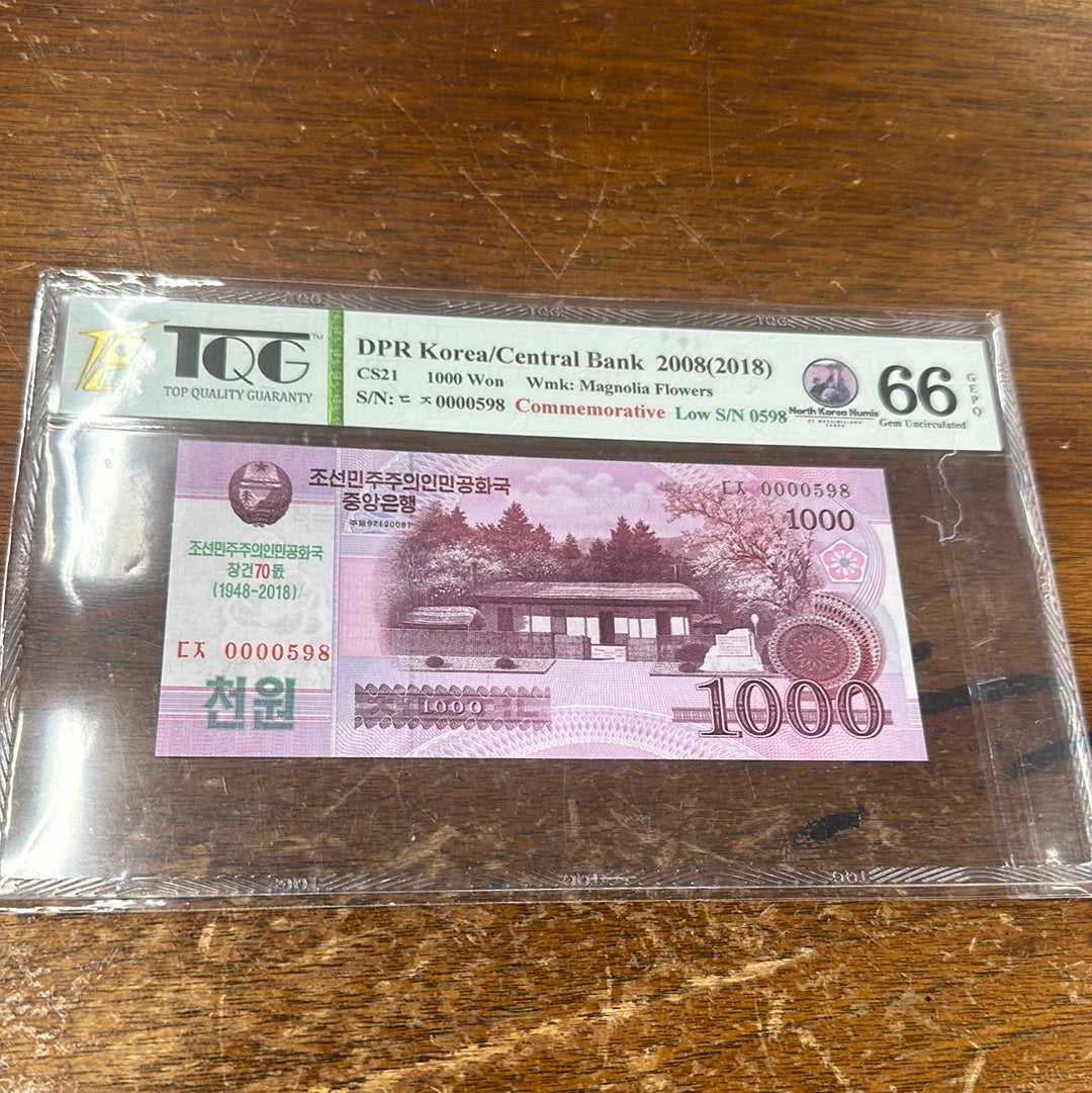 DPRK CENTRAL BANK GEM UNC Exceptional Paper Quality 1000 Won 2018 70th Anniversary DPRK Commemorative TQG 66 PPQ LOW SERIAL NUMBER - Pawn Man Store