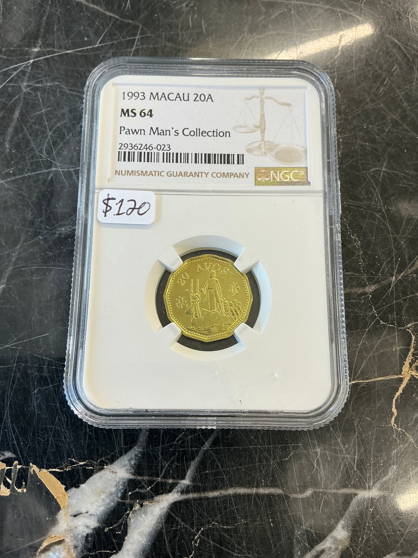 1993 Macau 20A PAWN MAN’S COLLECTION NGC MS64