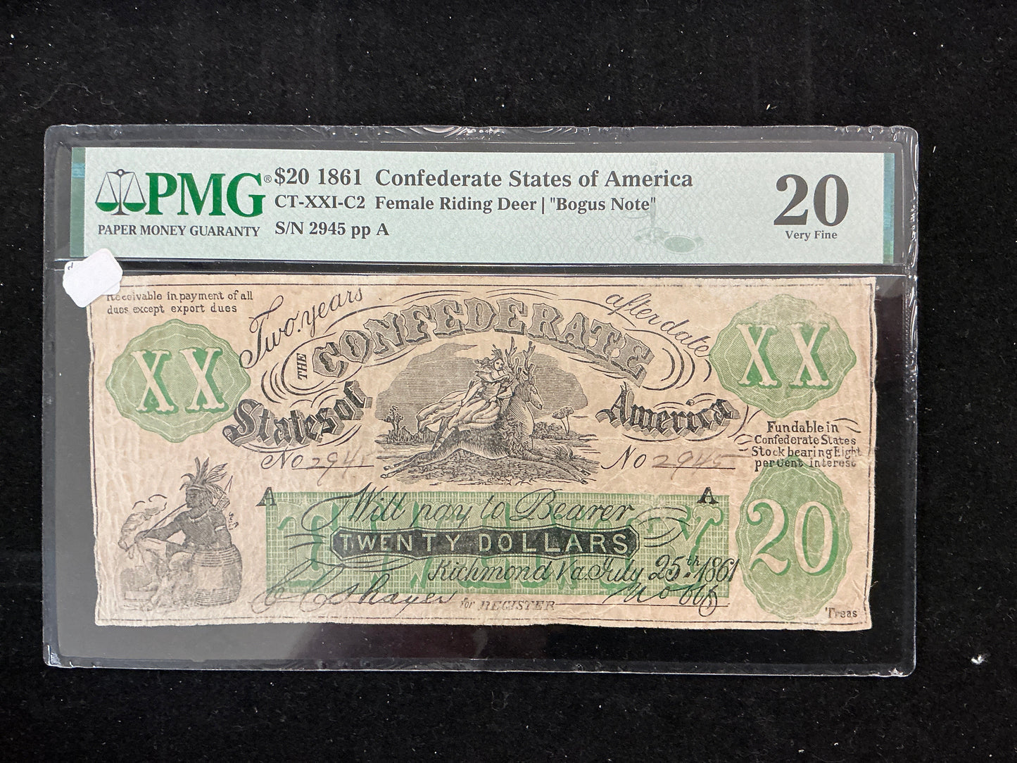 $20 1861 Confederate States of America "Female Riding Deer Bogus Note" Graded