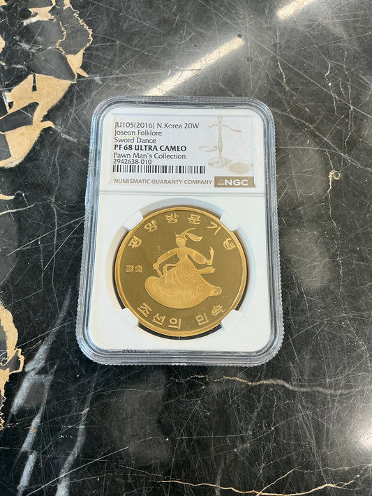 PF68 Ultra Cameo (2016) N. Korea 20 Won Joseon Folklore- Sword Dance