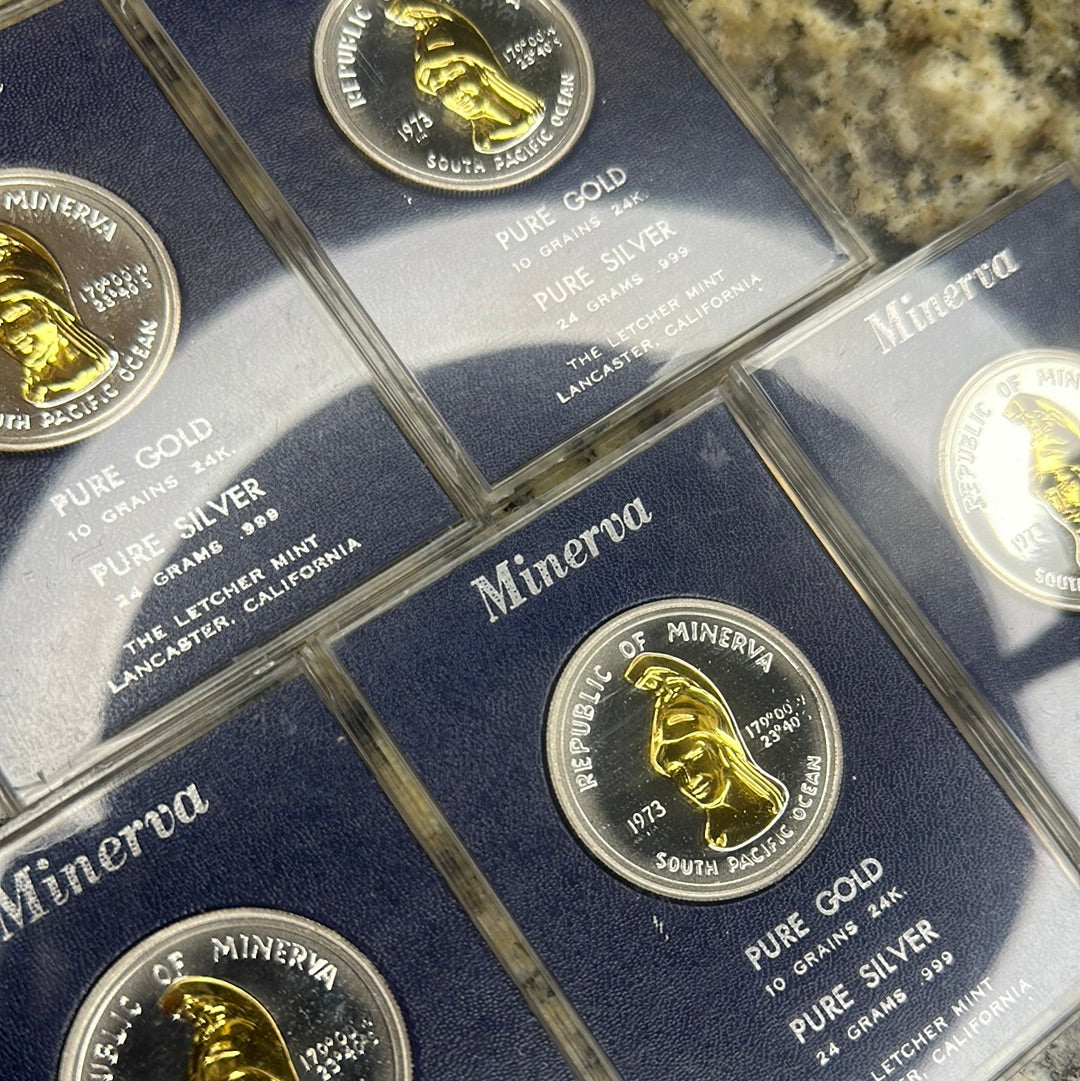 BU 1973 Minerva Dollar .999 Silver overlayed .999 Gold 10k minted