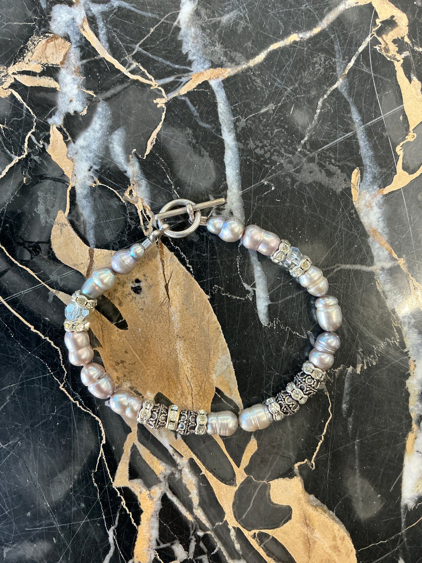Sterling Silver Freshwater Pearl Bali Style Beaded Bracelet #255