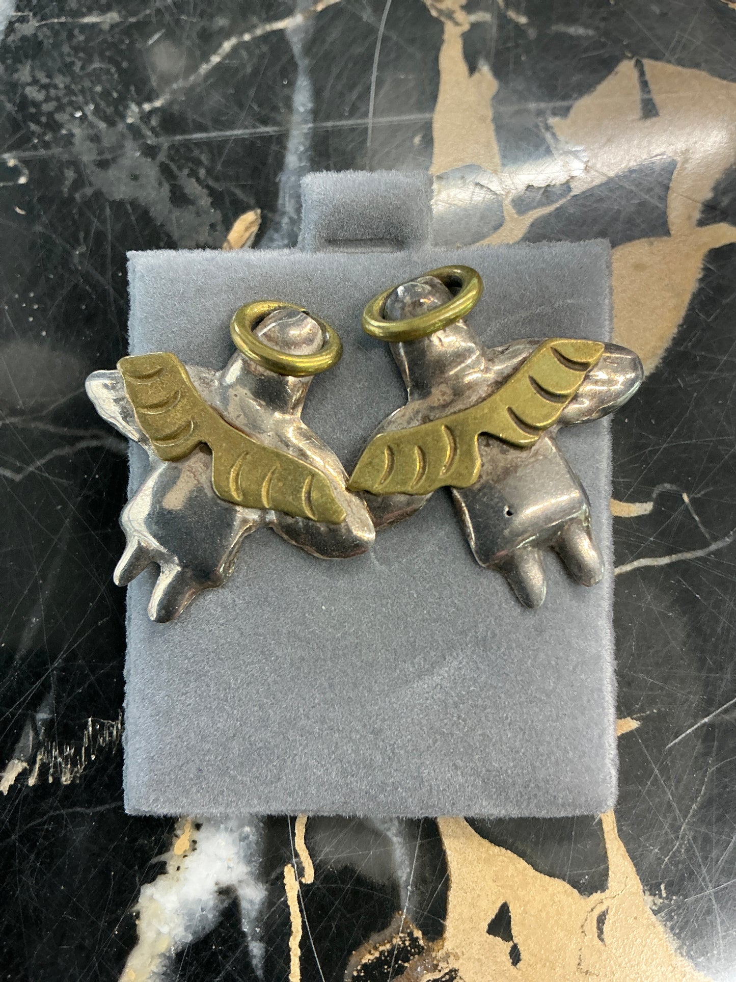 Vintage Brass and Sterling Silver Angel Earrings #E313