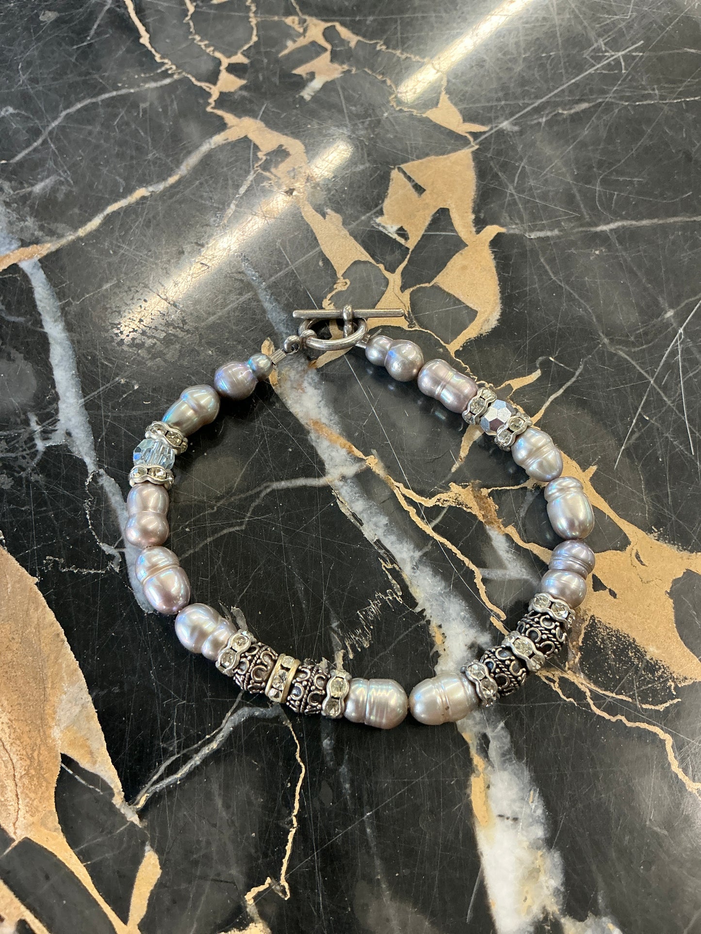 Sterling Silver Freshwater Pearl Bali Style Beaded Bracelet #255