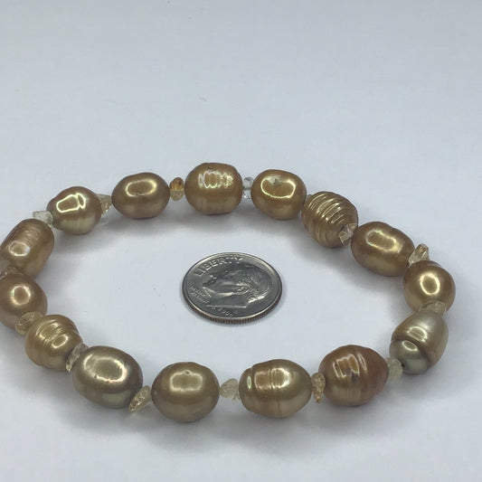Cultured Freshwater Pearl Stretch Bracelet Beige/Golden Color W/Citrine Bead Stones - Pawn Man Store