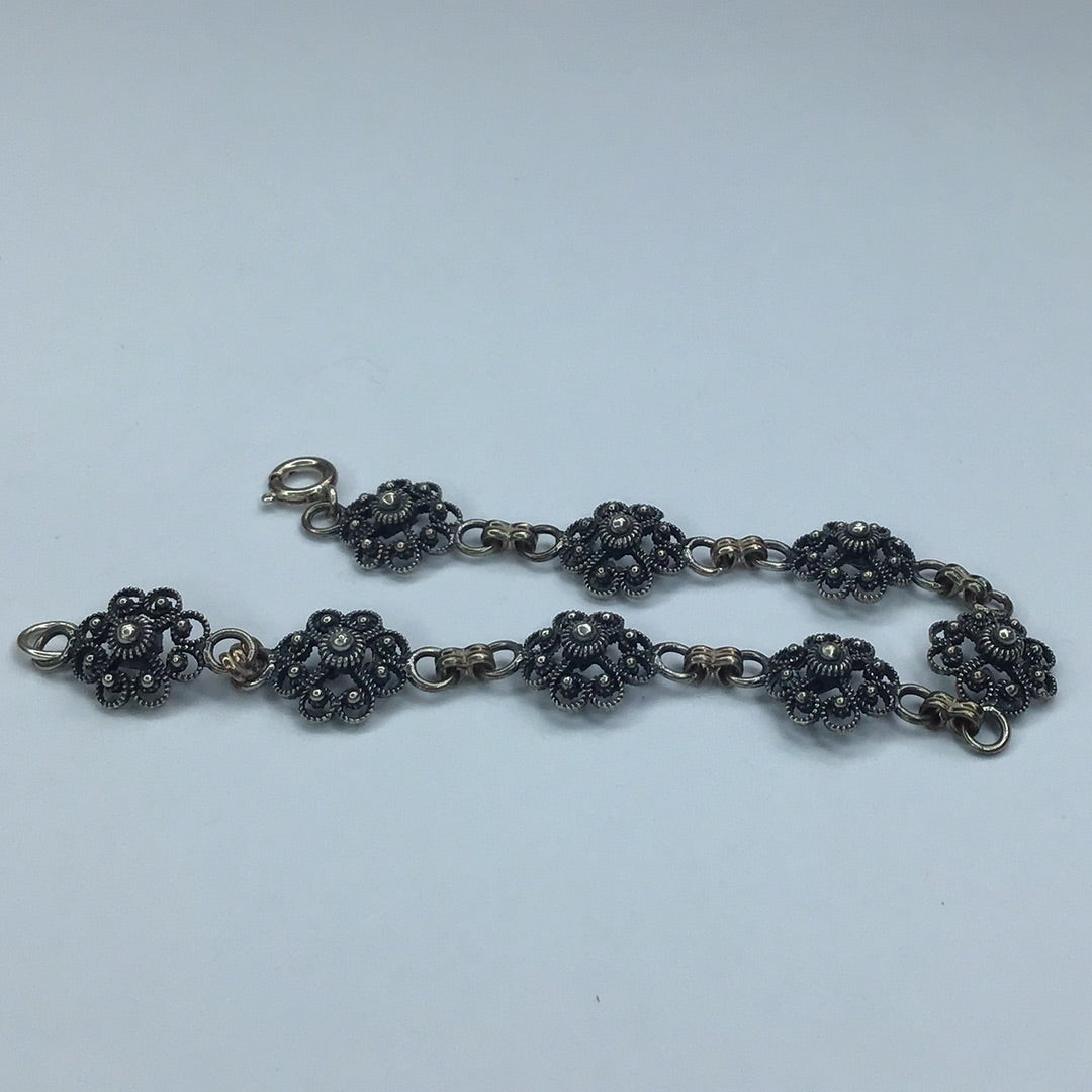 Vintage Sterling Silver 925, Antiqued Finish Floral Link Bracelet 7.25” - Pawn Man Store