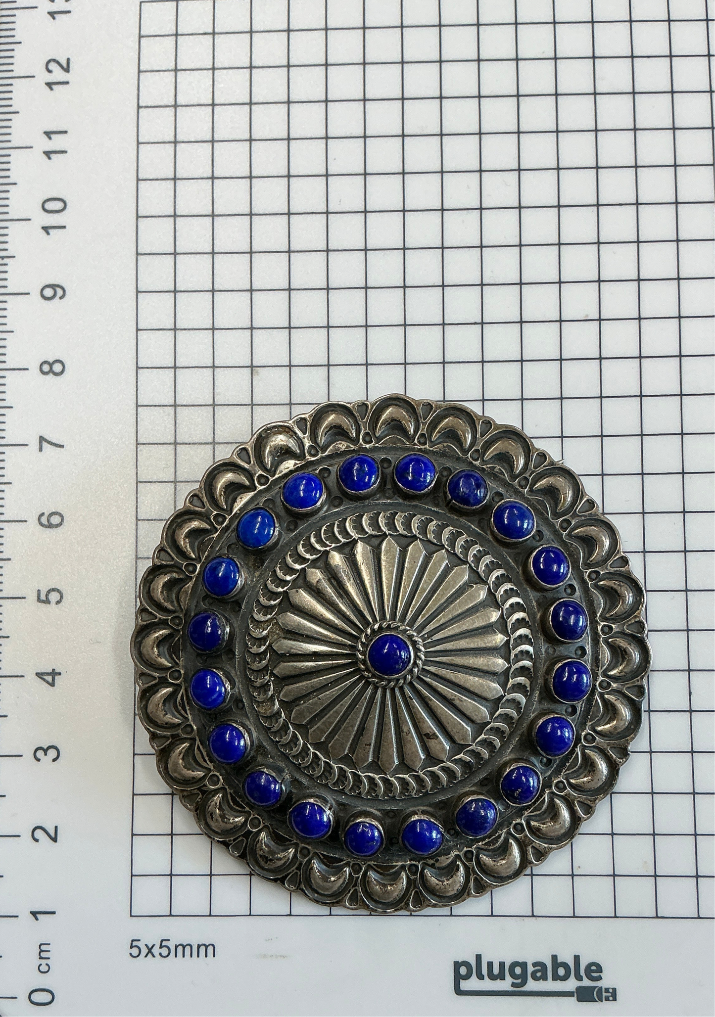 Sunshine Reeves Sterling Lapis Navajo Concho Brooch 38.3g