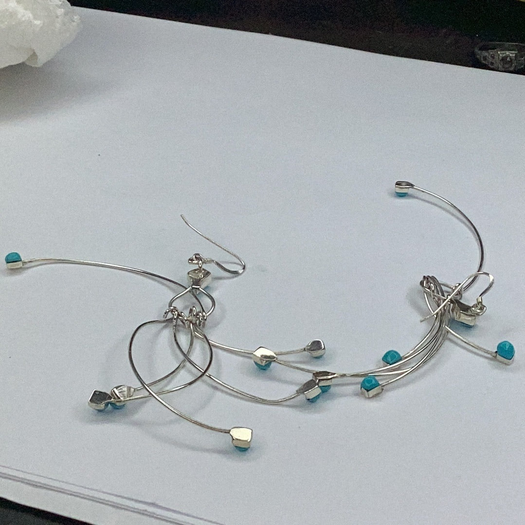 Sterling Silver & Turquoise Wire Long Dangle Earrings - Pawn Man Store