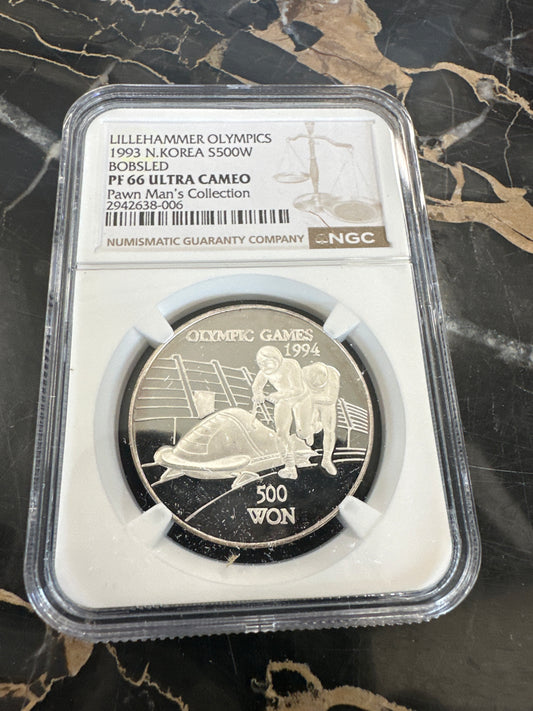 1993 DPRK 🇰🇵 GIANT PANDA 27g .999 Silver 500 Won NGC PF66 LILLYHAMMER OLYMPICS - BOBSLED (Pawn Man’s Collection)