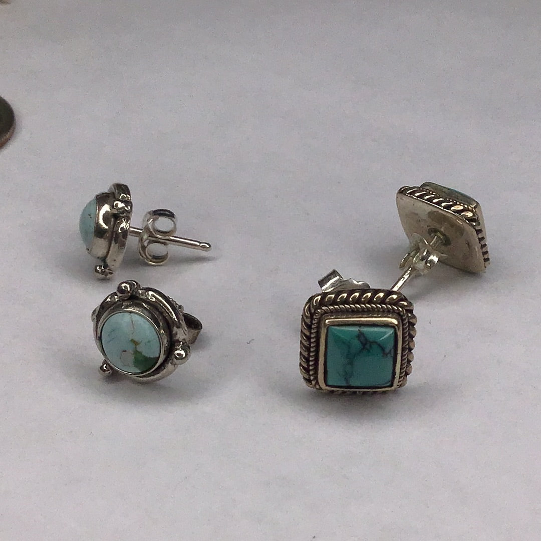 2 Pair of Sterling Silver & Turquoise Stud Earrings