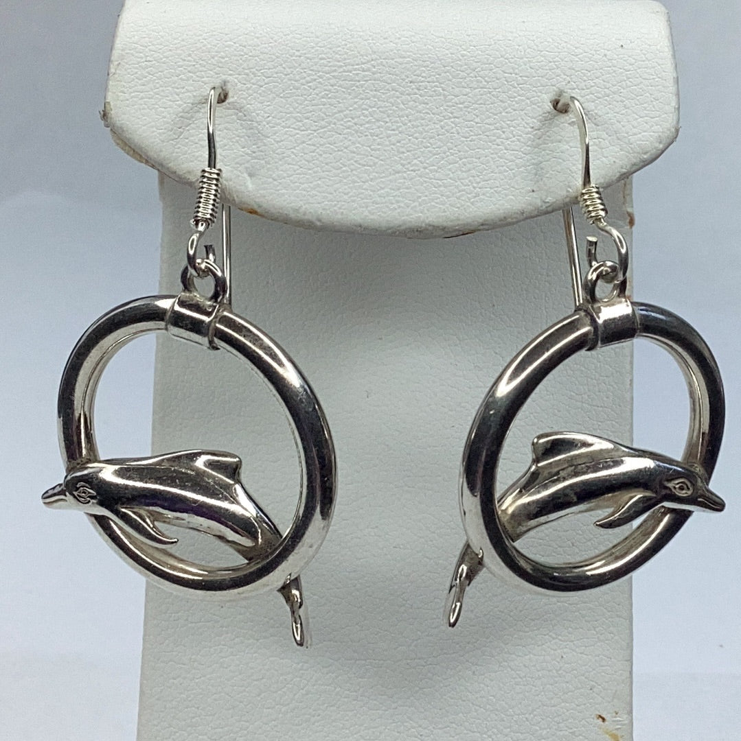 New Sterling Silver 925 Dolphin Circle Wire Drop Earrings