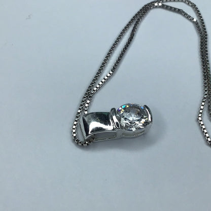 Fine Sterling Silver 925 Cubic Zirconia Pendant W/18” Box Link Chain Excellent Condition