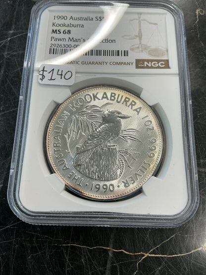MS68 1990 Australia 1oz Silver Kookaburra