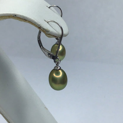 New Sterling Silver 925 Golden/Green Genuine Pearl Drop Dangle Wire Earrings