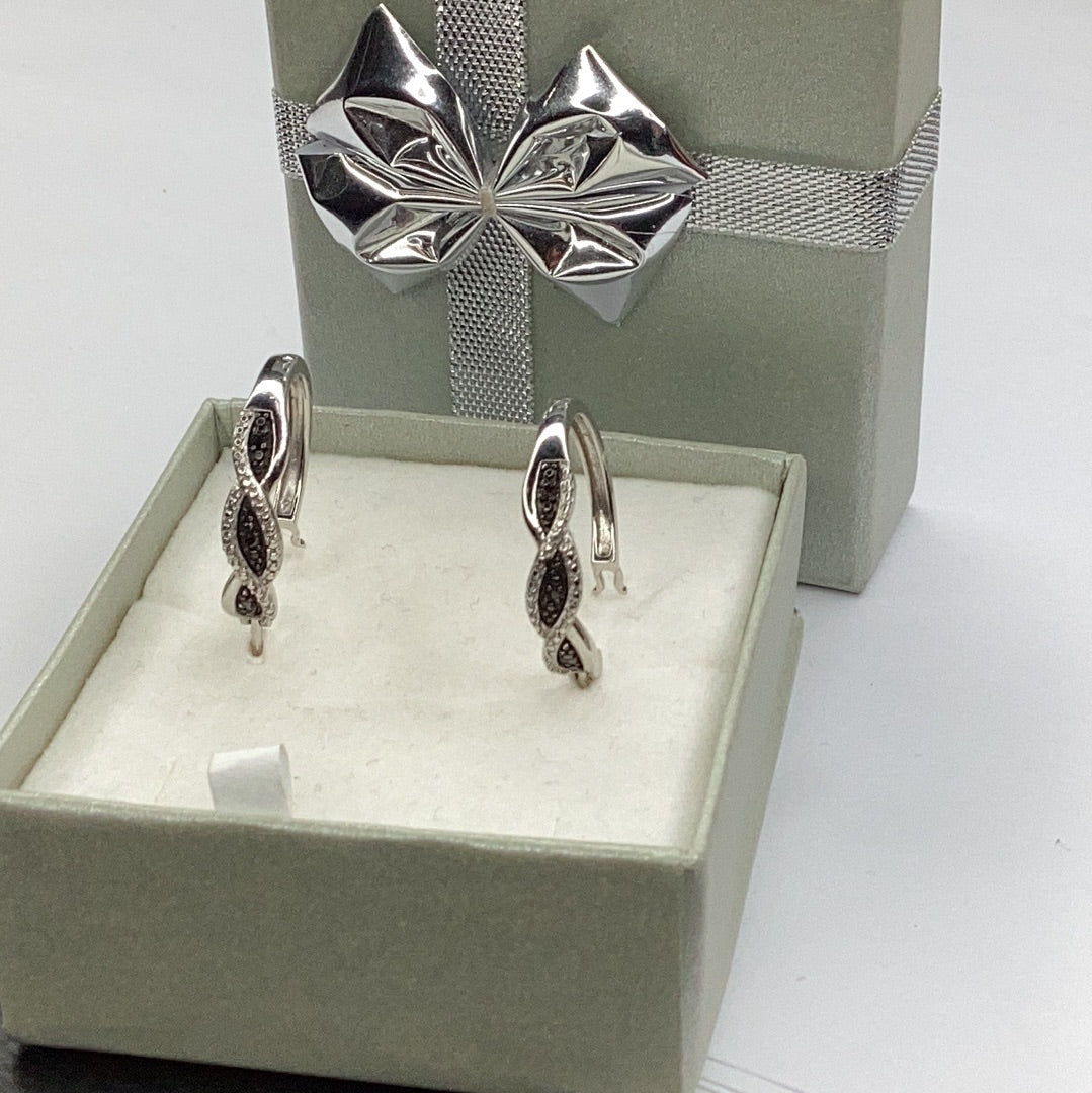 Sterling Silver 925 Black Diamond Hoop Earrings