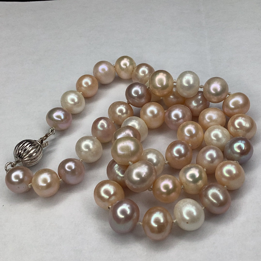 Freshwater Pearl Strand Necklace, Pastel Colors, 11X10mm, With Sterling Silver Clasp 19”