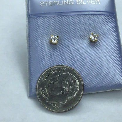 NEW YELLOW GOLD OVER STERLING SILVER 925 CUBIC ZIRCONIA SMALL STUD EARRINGS