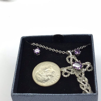 Silver Tone Amethyst Cross Necklace & Stud Earrings New - Pawn Man Store