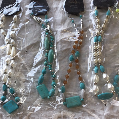 CHUNS FASHION JEWELRY, LOT OF 20 PIECES, 5 NECKLACES-5 BRACELETS-5 RINGS-5 PAIR OF EARRINGS.