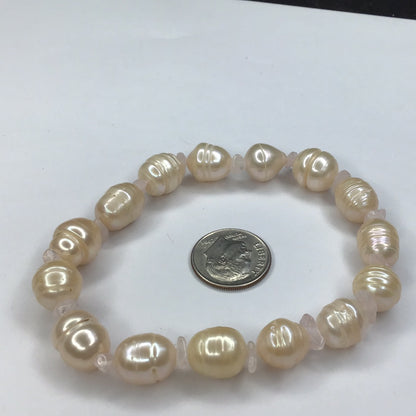 Cultured Freshwater Pearl Stretch Bracelet Creamy Rose Color w/Rose Quartz Beads