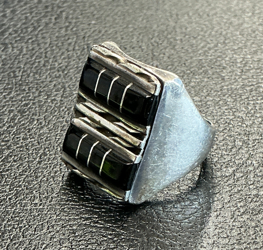 Heavy Vintage Sterling Onyx Navajo Men’s Ring Sz. 9.25 Signed GC