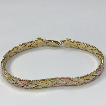 Yellow & Rose Gold Over Sterling Silver 925 7mm Wide Designer Wheat Weave Bracelet 7.25” signed Made In Italy
