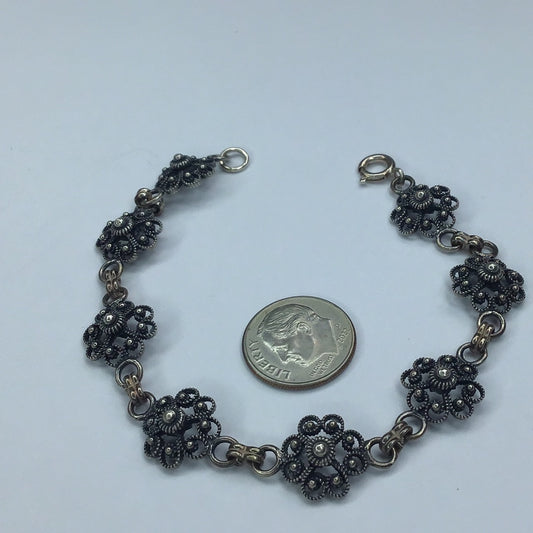 Vintage Sterling Silver 925, Antiqued Finish Floral Link Bracelet 7.25” - Pawn Man Store