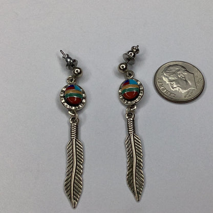 Navajo Sterling Silver Multi Gemstone Inlay Long Feather Earrings - Pawn Man Store