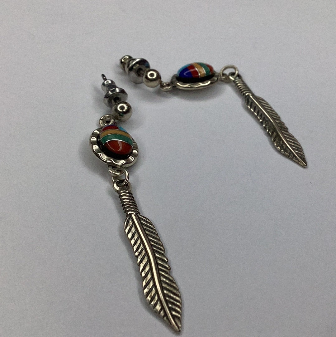 Navajo Sterling Silver Multi Gemstone Inlay Long Feather Earrings