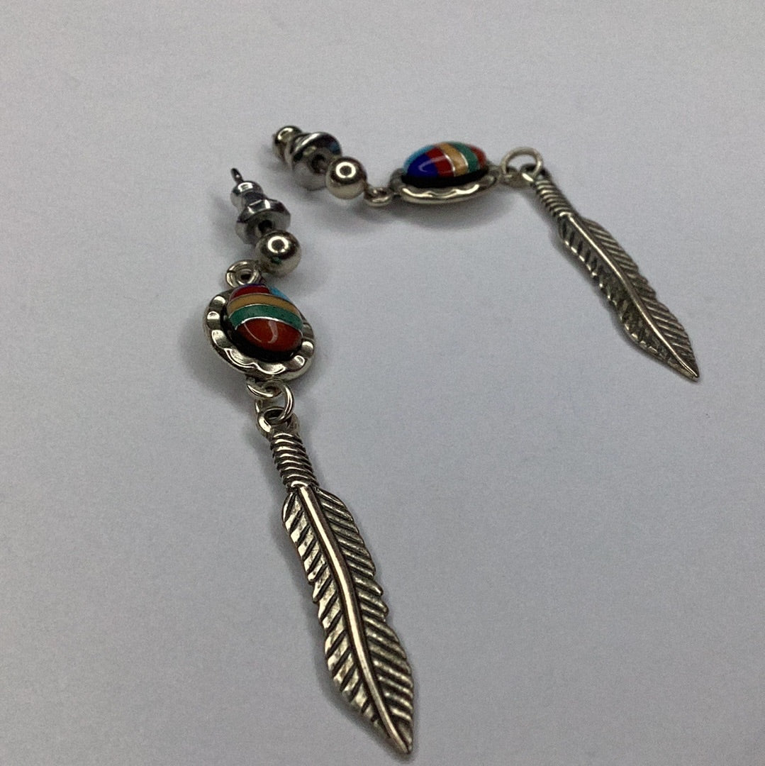 Navajo Sterling Silver Multi Gemstone Inlay Long Feather Earrings - Pawn Man Store