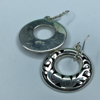Fine Mexico Sterling Silver 925 Circle Cut Outs Wire Dangle Earrings