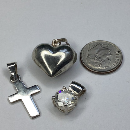 Sterling Silver 925 Lot of 3 Pendants, Puffed Heart, Cross & CZ