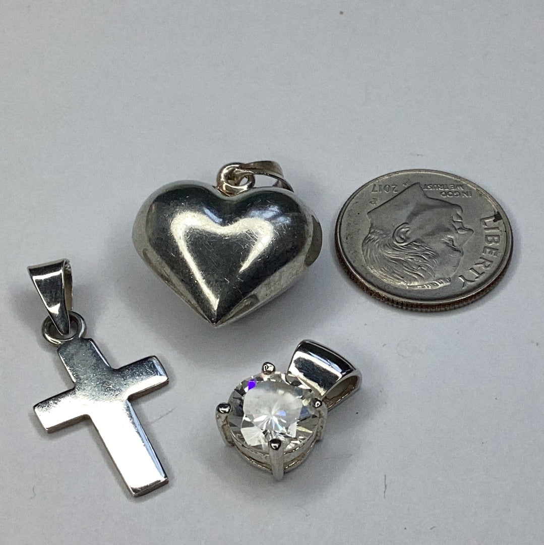 Sterling Silver 925 Lot of 3 Pendants, Puffed Heart, Cross & CZ - Pawn Man Store