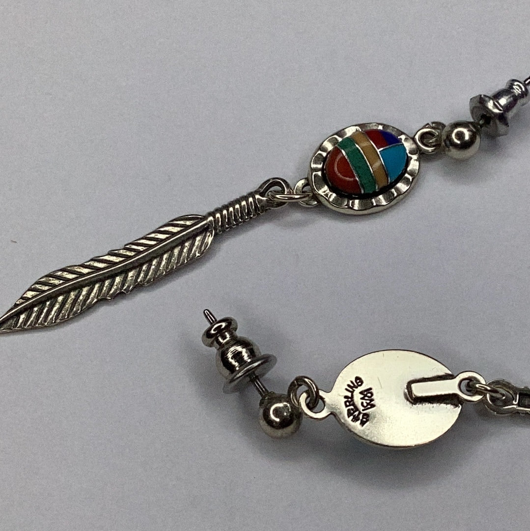 Navajo Sterling Silver Multi Gemstone Inlay Long Feather Earrings - Pawn Man Store