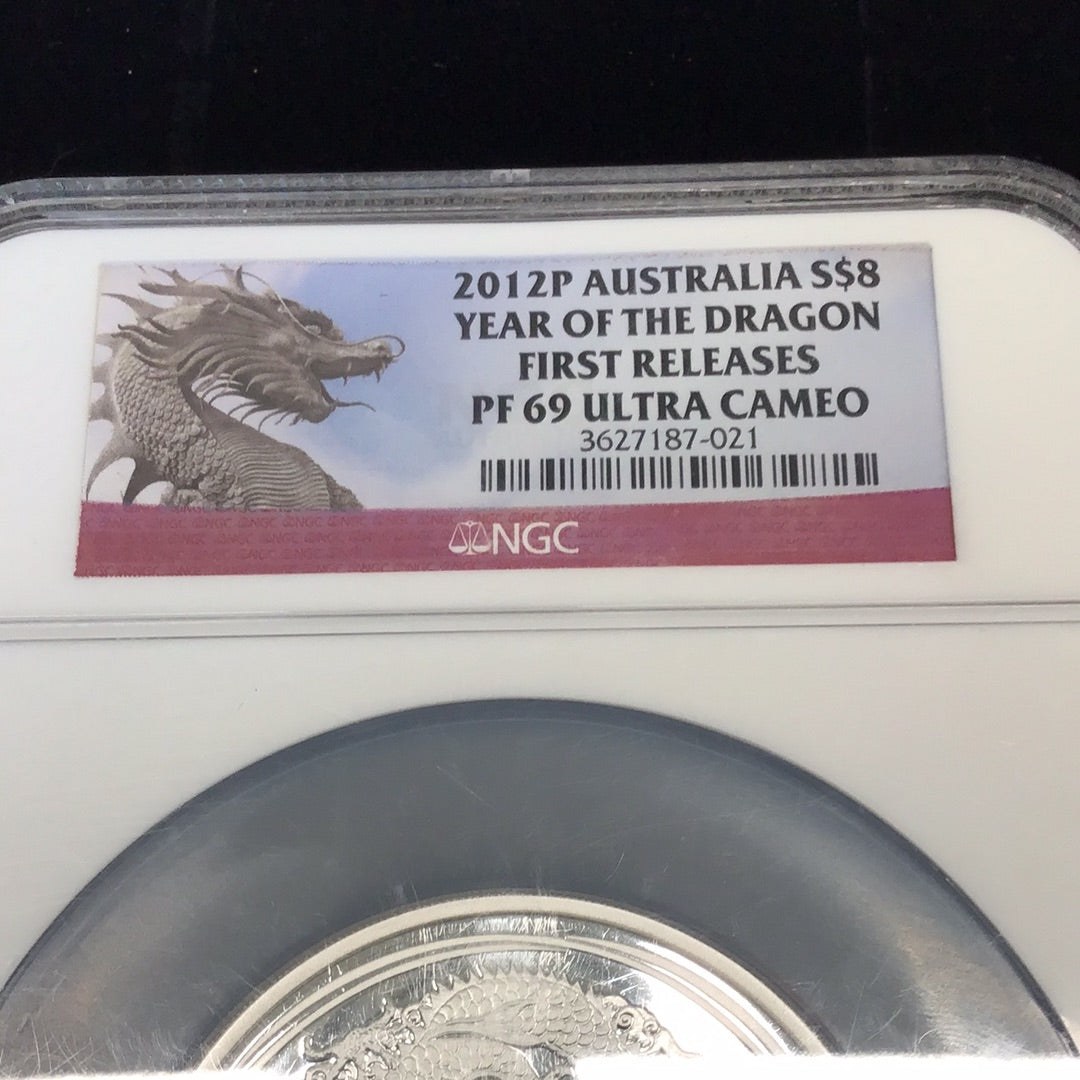 2012 P Australia S$8 Year of the Dragon First 5oz Silver 999 Release NGC PF 69 Ultra Cameo