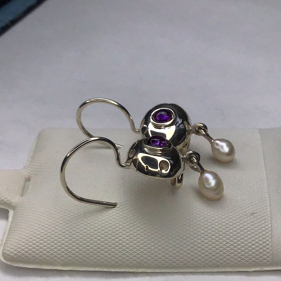 Sterling Silver 925 Cabochon Amethyst & Pearl Wire Dangle Earrings New - Pawn Man Store