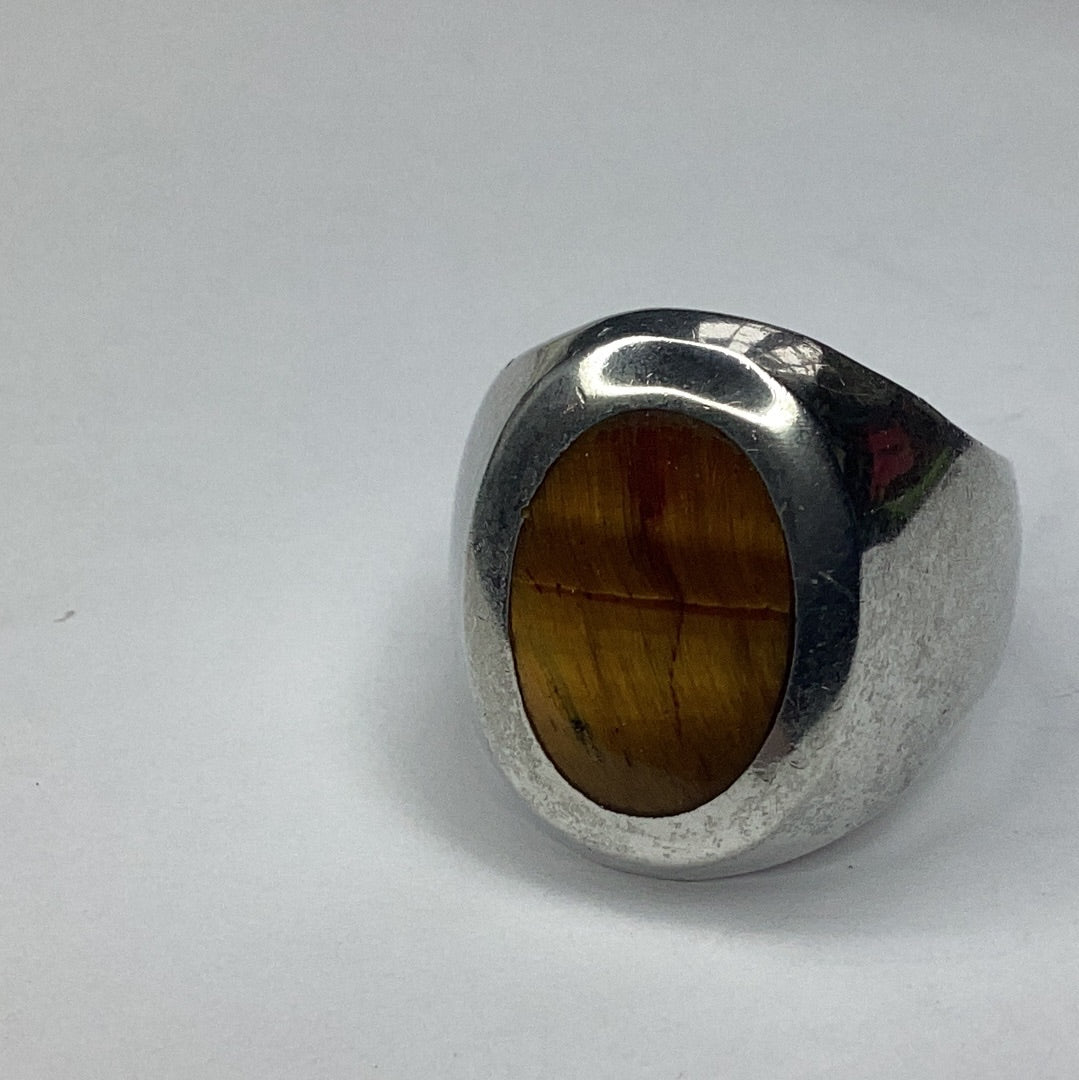 Sterling Silver Mexico Eagle #3 Large Tiger Eye Heavy Ring sz. 9 - Pawn Man Store