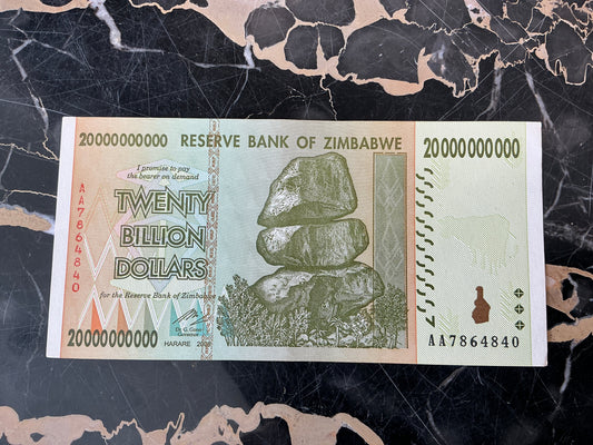 Zimbabwe Hyperinflation 20 Billion Dollar Note