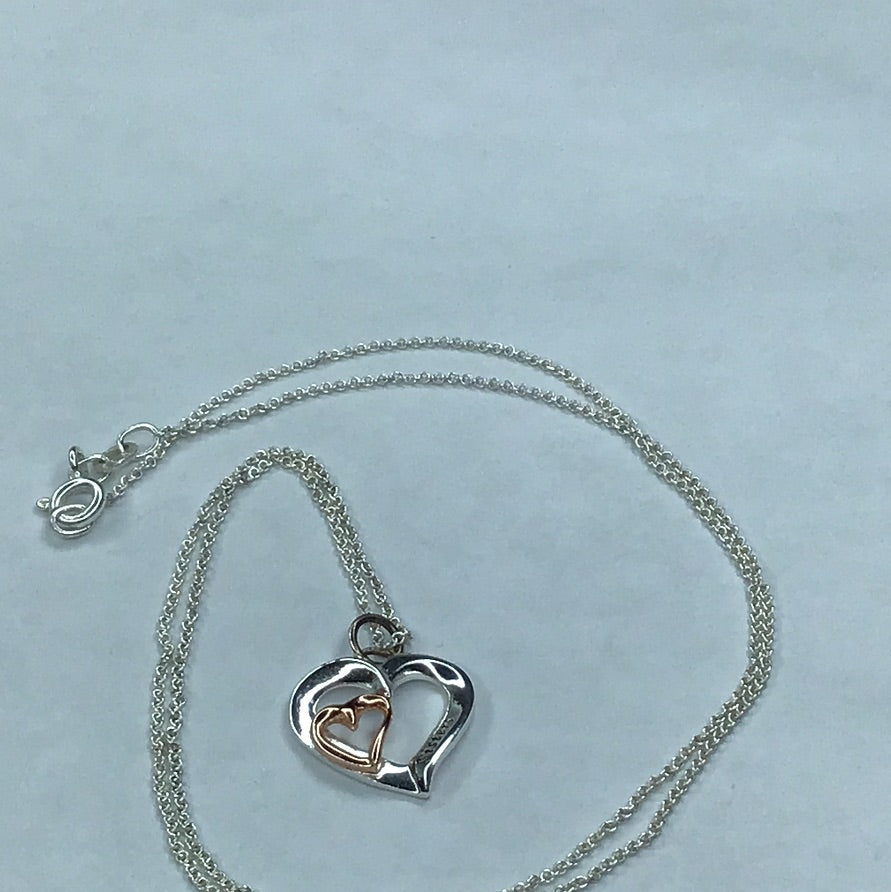 Rose Gold Over Sterling Silver Double Heart SISTER Necklace 18” - Pawn Man Store