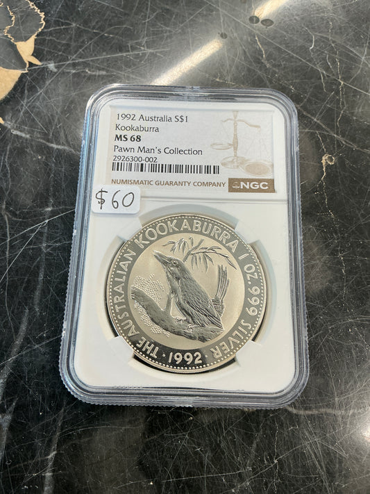 MS68 1992 Australia 1oz Silver Kookaburra