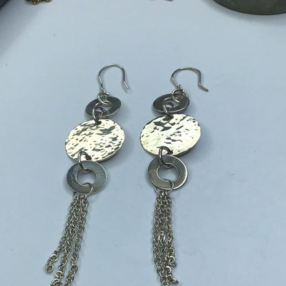 Sterling Silver 925 Signed Mexico Long Dangle Wire Earrings
