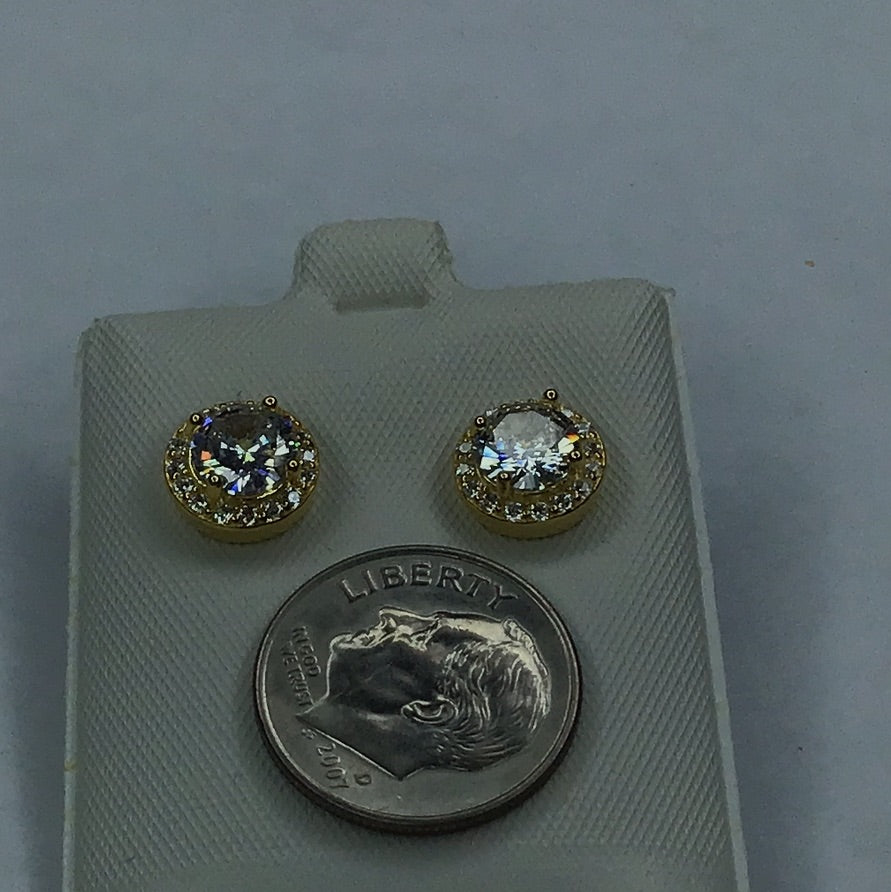 NEW YELLOW GOLD OVER STERLING SILVER 925 CUBIC ZIRCONIA HALO STYLE STUD EARRINGS