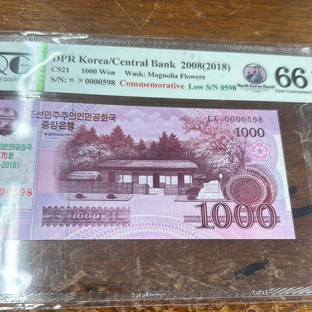DPRK CENTRAL BANK GEM UNC Exceptional Paper Quality 1000 Won 2018 70th Anniversary DPRK Commemorative TQG 66 PPQ LOW SERIAL NUMBER