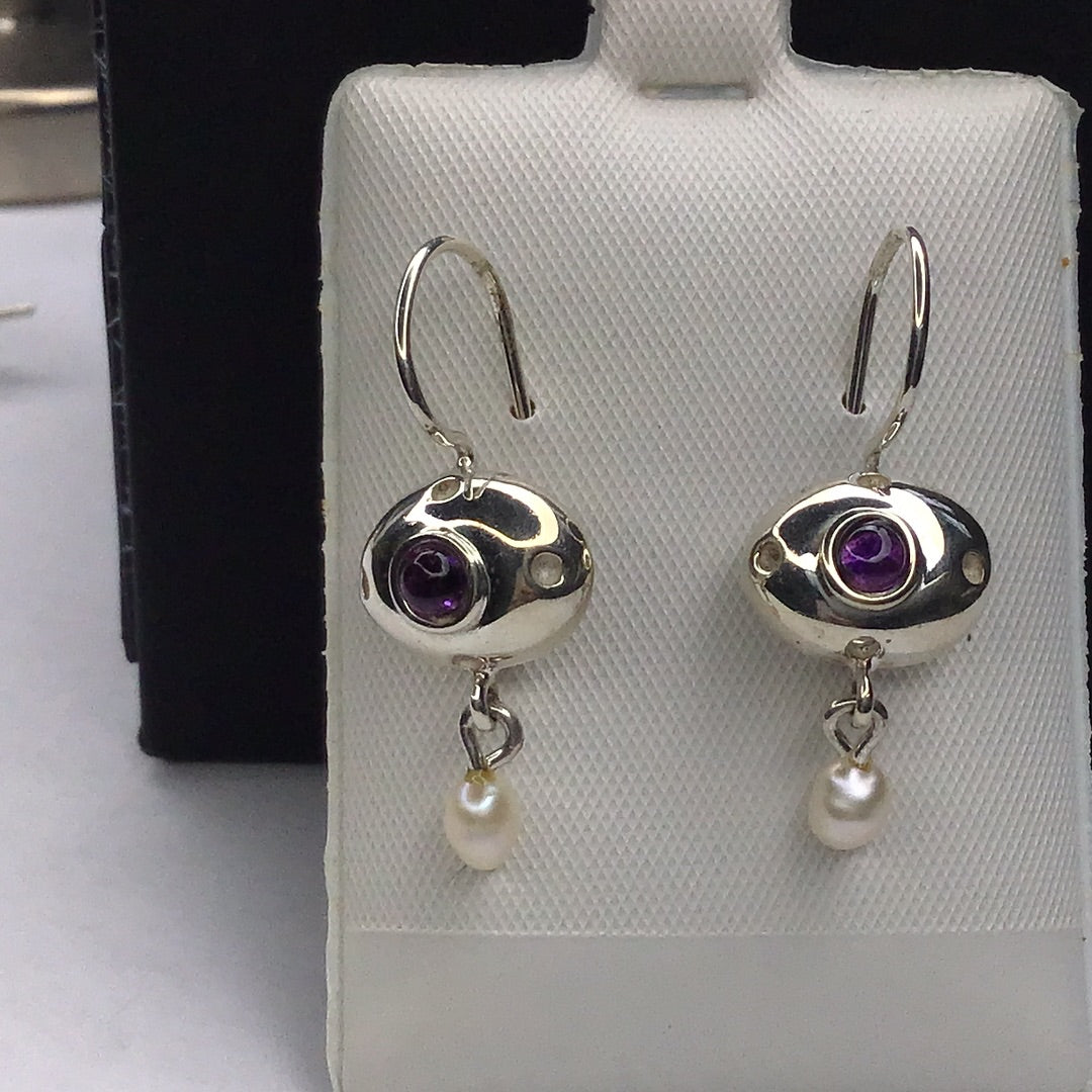 Sterling Silver 925 Cabochon Amethyst & Pearl Wire Dangle Earrings New