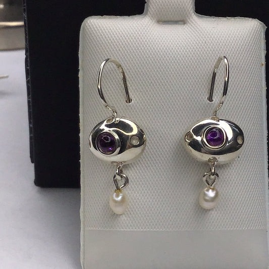 Sterling Silver 925 Cabochon Amethyst & Pearl Wire Dangle Earrings New - Pawn Man Store