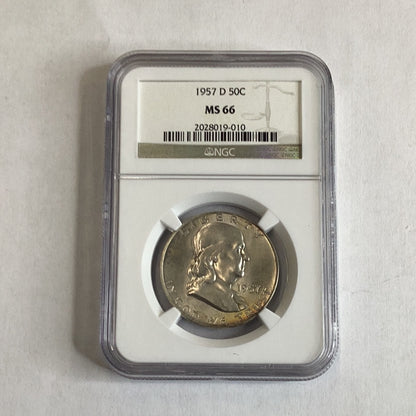 NGC 1957 D 50¢ MS 66 silver Roosevelt half dollar beautiful toning