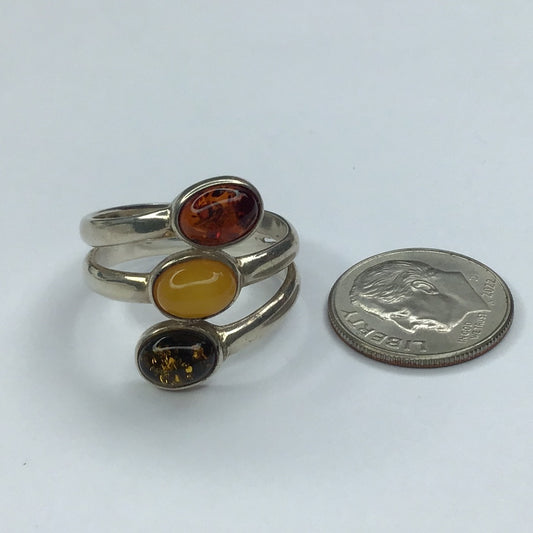 Sterling Silver 925 3 Cabochon Amber Stone Ring Sz. 8 - Pawn Man Store