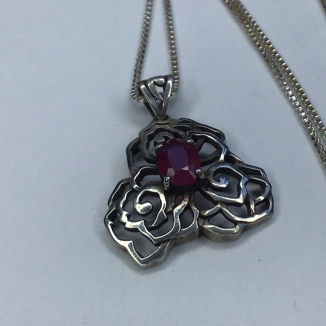 Fine Sterling Silver 925 Genuine Ruby Pendant w/ 24” Box Link Chain - Pawn Man Store
