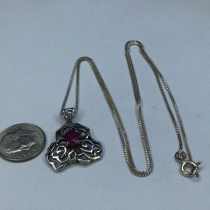 Fine Sterling Silver 925 Genuine Ruby Pendant w/ 24” Box Link Chain