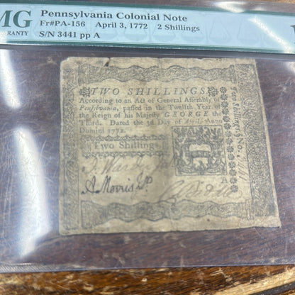 PMG 12 Fine Pennsylvania Colonial Note April 3, 1772 2 shillings